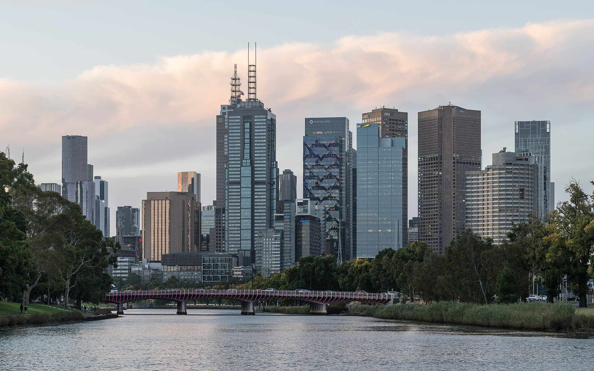 The skyline of Melbourne's central business district seen from the south