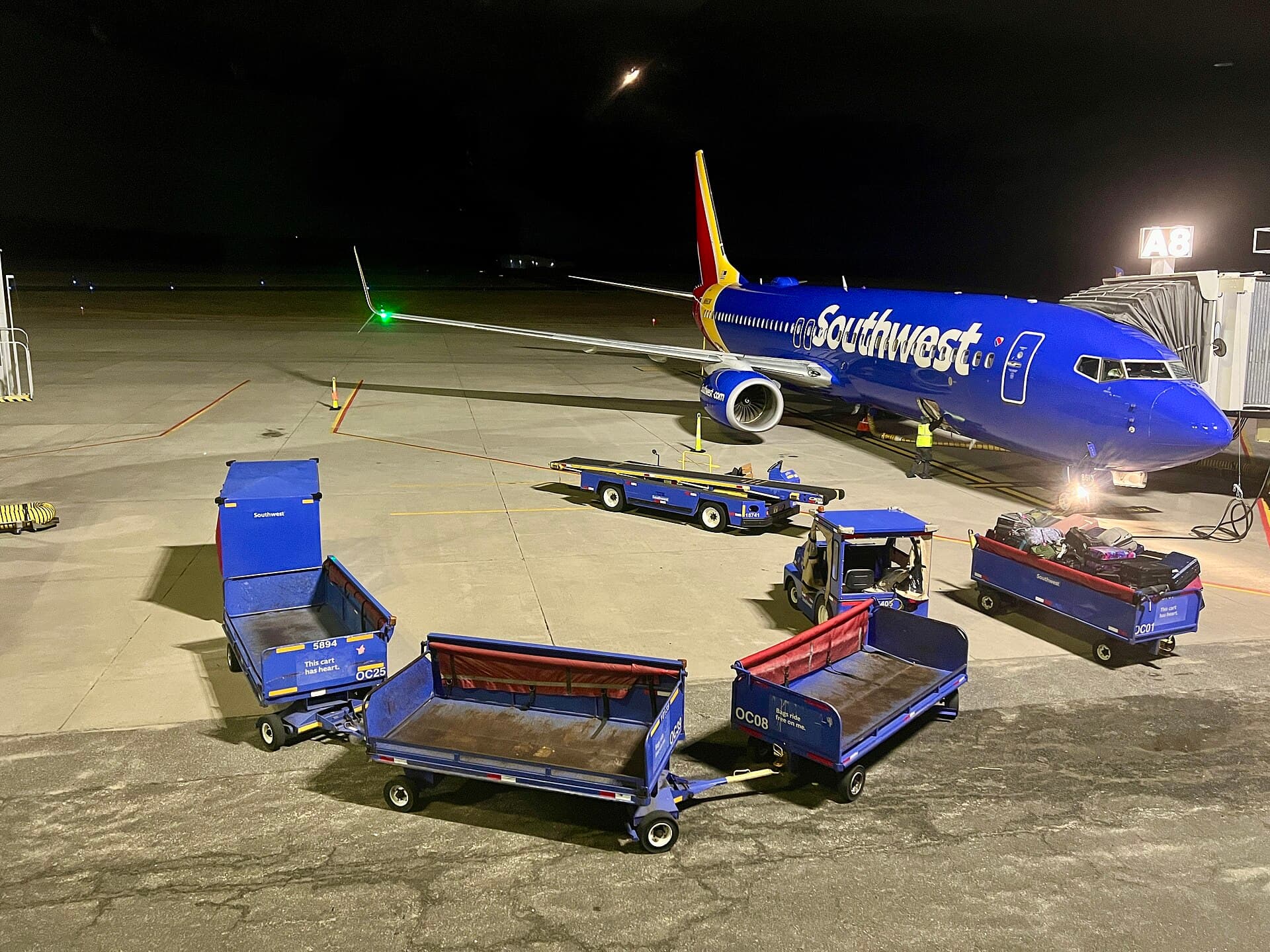 A Southwest Airlines Boeing 737-800 parked at an airport gate