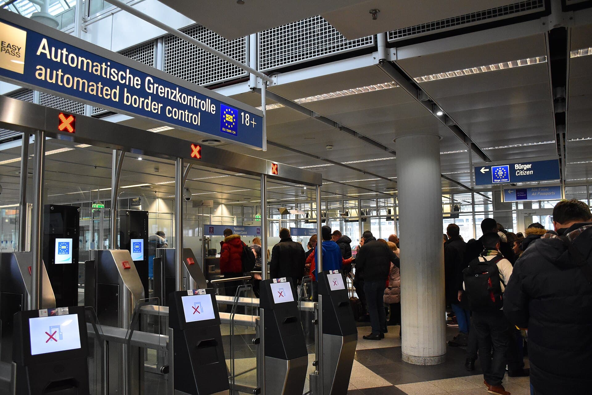 Passport control and automated border gates at Munich Airport